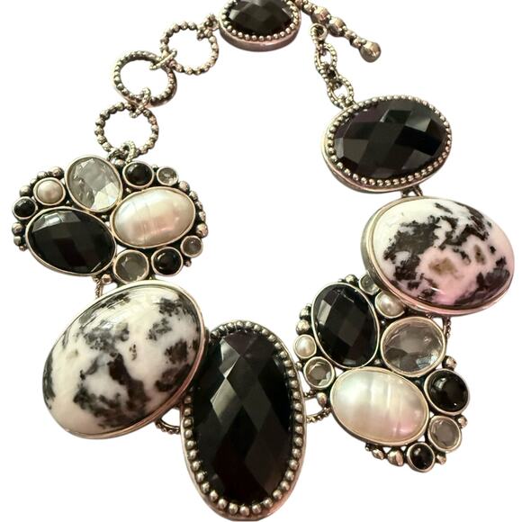 925 Sterling Silver Zebra Jasper Quartz Black Onyx Bracelet - Picture 1 of 10